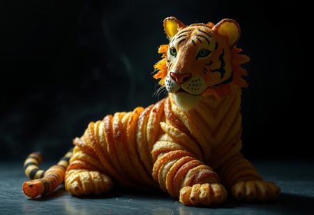 tigre formado por patatas fritas, colores vibrantes, aspecto tranquilo,  fondo oscuro, primer plano, iluminacion derecha, cuerpo de patatas, cortadas, rodajas, sentado mirando a la camara, fotografia cinematografica.
