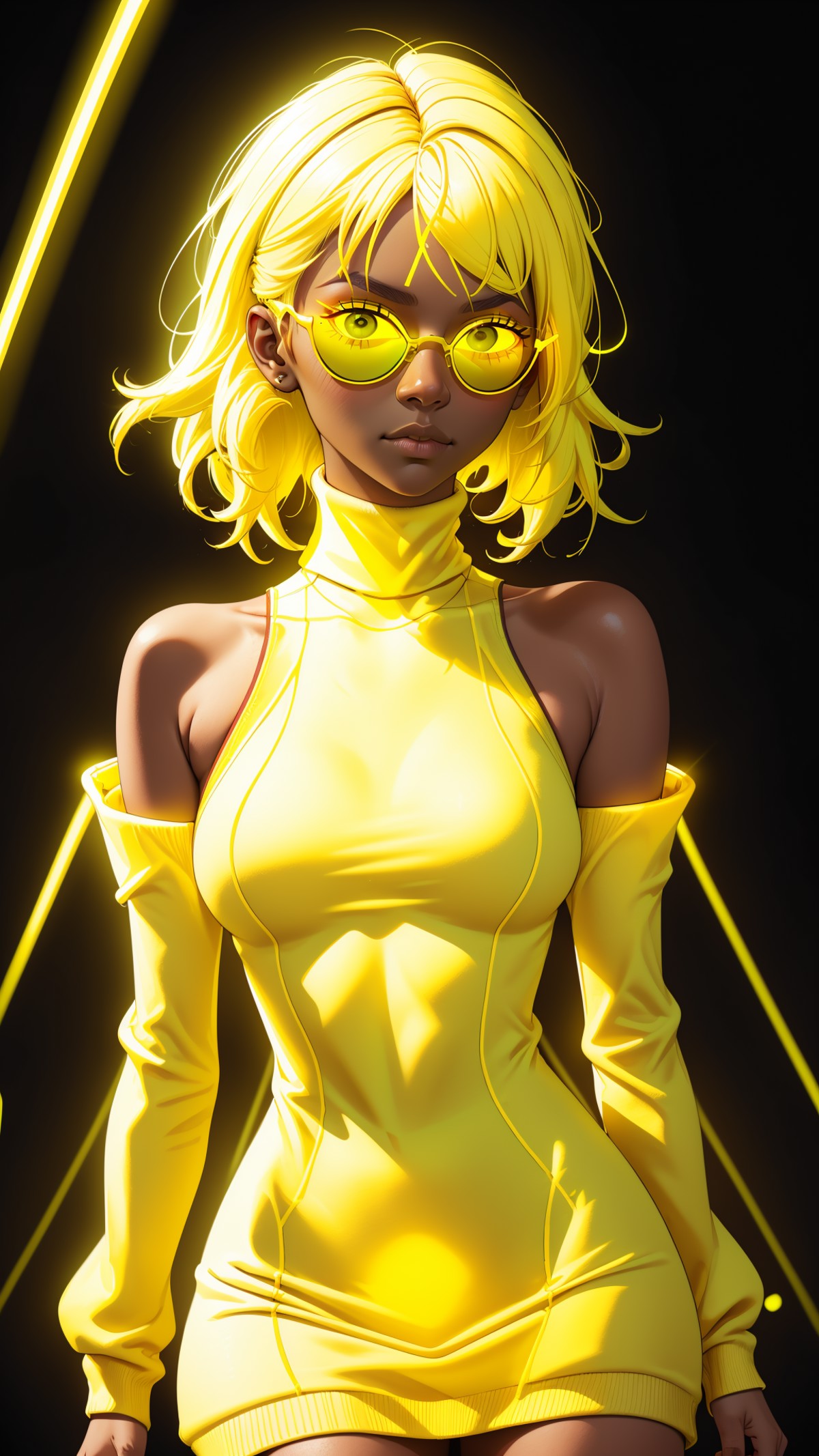 portrait, ((glowing neon yellow sunglasses)), yellow lenses, (glowing neon yellow turtleneck sweater dress), glowing neon ...