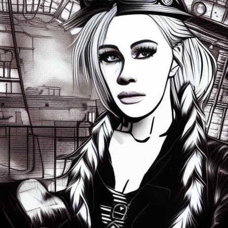 a closeup portrait of (pgVZ: 1.7) as a steampunk female detective in a scenic cyberpunk mystery environment, pretty face, focus on face,  duotone, illustration, art by trInkdBer