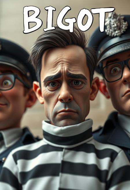Pixar inspired poster, A perfect masterpiece pixar style movie poster of a pixar disney movie called "BIGOT", the word (BIGOT) is written at the top of poster in black and white sketchy font, the poster shows a close up of three a highly detailed CGI pixar charactes, in the middle a sad man in prisoner clothes, on his left and right two Pixar style British Police men, life-like masterpiece realitic photo, hyper realistic, A photogenic soft scene, digital 4k art, bokeh, depth of field, detailed eyes, 4K, vivid, extremely detailed, perfect anatomy, maximalist, dynamic, absurdres, 8k photography, three point perspective, Ultra-realistic, Hyperrealism