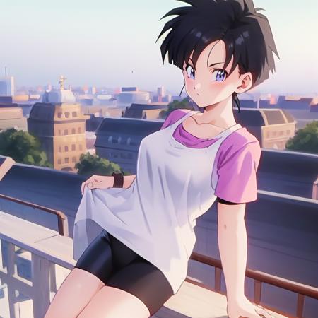 Videl, 1girl, anime screencap, highly detailed, 8k, masterpiece, best quality, spiked hair, biker shorts, from above, city background