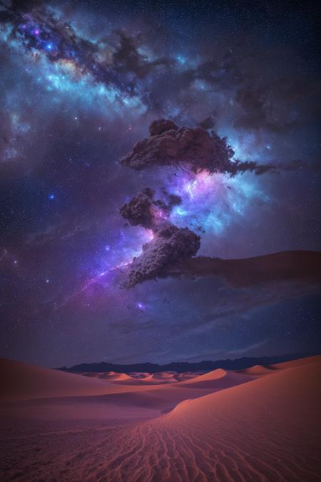 (masterpiece), (best quality), ultra-realistic desert landscape under a night sky, Orion Nebula glowing vividly in the sky with swirling purple and blue gases, bright stars piercing through, dramatic lighting, sand dunes softly illuminated by cosmic light, extremely detailed textures, serene and dreamlike, wide-angle view, cinematic PixCReal style