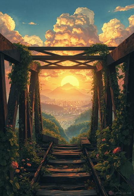 Vertical 9:16 cinematic anime scene, viewpoint from an old abandoned railway bridge, lush vines and flowers growing through the broken wood, distant glowing cityscape visible beyond a misty valley, massive golden sunset clouds above, hyper-detailed soft watercolor anime style, pastel tones (warm oranges, faded greens, soft blues), emotional dreamy atmosphere, gentle breeze moving the vines.