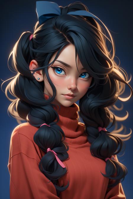 3dmm style,1girl, tohsaka rin, solo, long hair, sweater, red sweater, looking at viewer, blue background, black hair, simple background, two side up, turtleneck, blue eyes, lips, closed mouth, ribbon, hair ribbon, bangs, turtleneck sweater, upper body, parted bangs, black ribbon, ribbed sweater, twintails, nose, masterpiece, best quality,