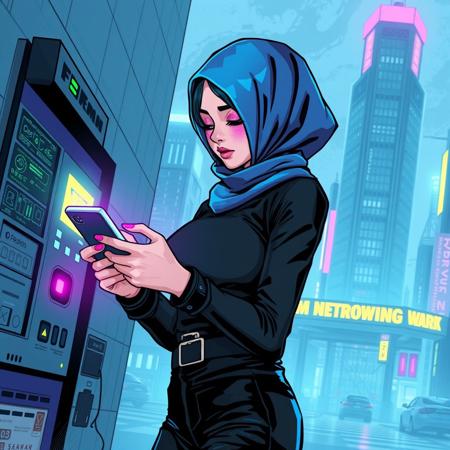 Generate a Wonder AI draw prompt for a cyberpunk-themed illustration. Envision a teen girl in a luminous blue hijab with pink glitter lipstick and luminescent pink eyeshadow. Her black hair, showing from under the hijab, has luminescent blue highlights. Dress her in a tight black turtleneck, tight pants with belts, and high boots. Picture her using a handheld computer to hack into a terminal outside a corporate building in the futuristic cityscape of Neo Tokyo. Capture the intensity and focus of the hacking scene within the cyberpunk setting.
