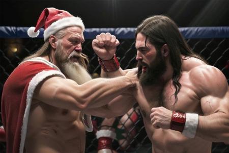 Jesus fighting agsinst Santa Clause in a brutal, bloody, bareknuckle cagefight