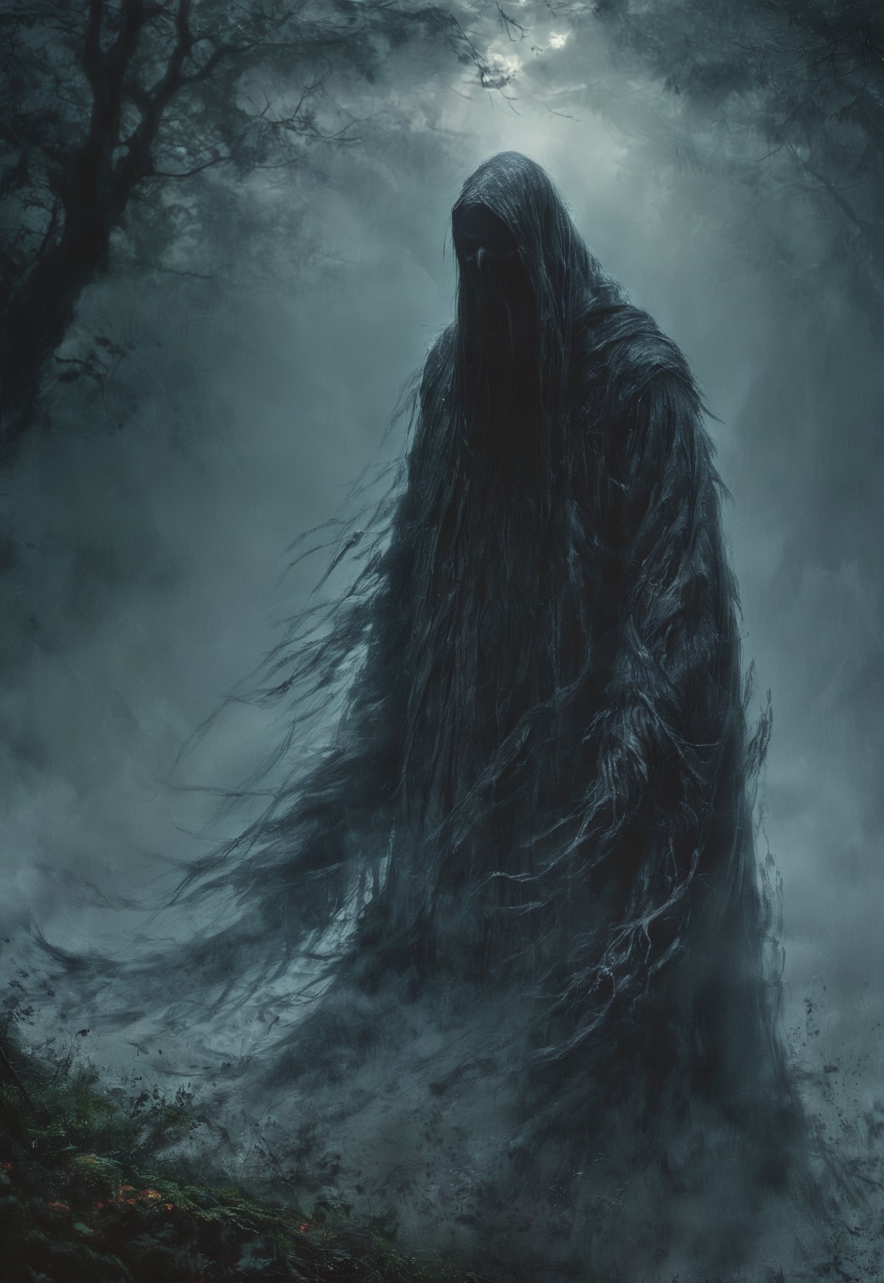 dark closeup of a scary dementor in a dark forest, fog, rain, no face, face not visible, shot at night, extreme detailed, majestic, hdr, realistic, dark lighting, desaturated, dramatic lighting, desaturated background, bokeh, dark theme, soothing tones, depth of field, dramatic backlighting, film grain, Surreal Harmony