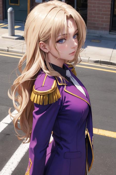 masterpiece, best quality, sephiria, epaulettes, purple uniform, forehead mark, necktie, standing, from above, from side, street, looking at viewer, walking <lora:sephiria-nvwls-v1-000009:0.9>