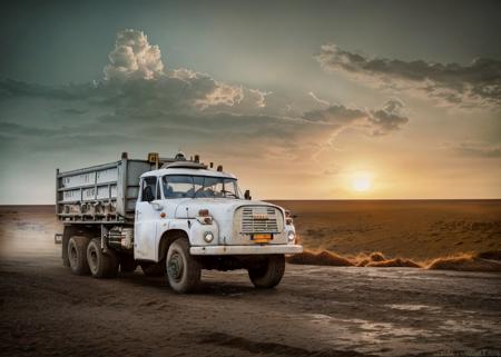 raw, white tatra148 construction truck, serengeti savannah , epic, absurdres, cinematic, dynamic view angle, volumetric lights, mist, cinematic, dutch angle, quarry, dust, volumetric lights, wet road after rain, mist, sunset, sun low on horizon, clouds <lyco:tatra148-loha:0.89>
