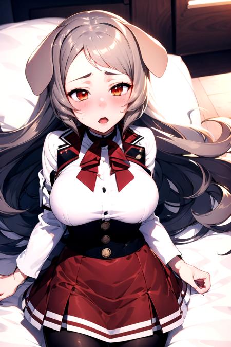 <lora:Pursena:1>, 1girl, Pursena, red eyes, dog ears, dog girl, dog tail, grey hair, white jacket, large breasts, black legwear, pantyhose, pleated skirt, (lying on back), <lora:torogao_v3:1>, full-face blush, heavy breathing, bedroom, on bed, from above