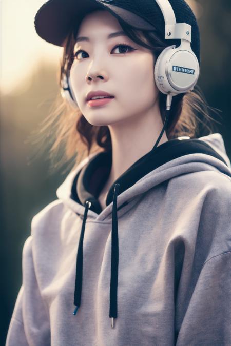 <lora:Dahyun_BRA:1>, (a picture of Dahyun, hoodie, headphones, hat), (detailed lighting, extremely detailed skin, extremely detailed hair, shadows, 8k), looking at viewer, (High Key Lighting), masterpiece, top quality, best quality, official art, unity 8k wallpaper, highres, ultra-high res, ultra-detailed, beautiful and aesthetic