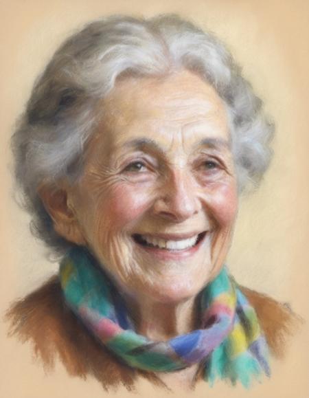 drawing with pastels portrait elderly New Zealand woman with colorful patterned scarf cheerful pencil annotated illustration