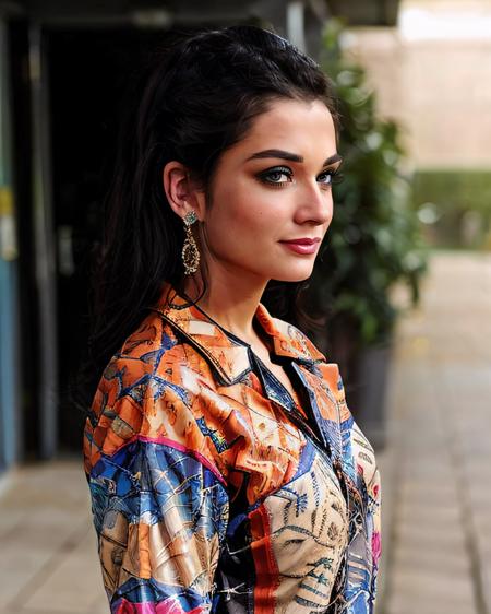 profile photo of a 30-year-old amja woman, in colorfulGota Patti Suit (Rajasthani embellished dress)  covering chest and cleavage, looking at camera, film grain, perfect eyes, beautiful bokeh <lora:amja_Amy_Jackson_SD15_LoRA_prodigy-000003:0.9>