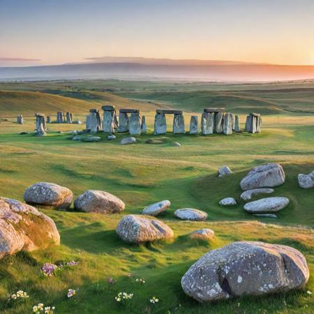 <lora:lcm_sdxl_lora:1>,   <lora:nat:0.7>  A meadow in a huge valley, flowers, sunset, mountains in the distance, a stream runs down the valley with rapids, a few  big rounded boulders in field,  Stonehenge in the far distance,