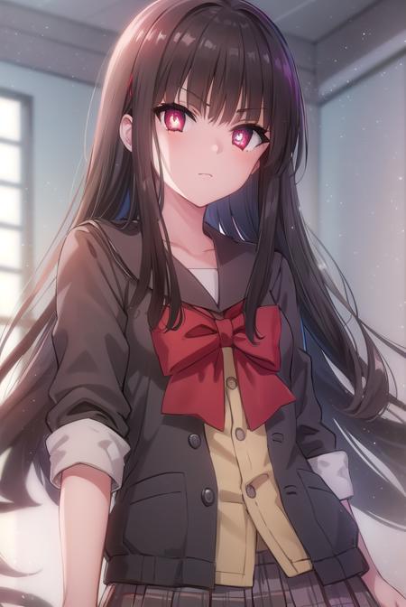 sarasvati, <lora:sarasvati s2-lora-nochekaiser:1>,
sarasvati, long hair, black hair, (red eyes:1.4), blunt bangs, hime cut,
BREAK skirt, bow, school uniform, serafuku, plaid, red bow, brown skirt,
BREAK indoors,
BREAK looking at viewer, (cowboy shot:1.5),
BREAK <lyco:GoodHands-beta2:1>, (masterpiece:1.2), best quality, high resolution, unity 8k wallpaper, (illustration:0.8), (beautiful detailed eyes:1.6), extremely detailed face, perfect lighting, extremely detailed CG, (perfect hands, perfect anatomy),