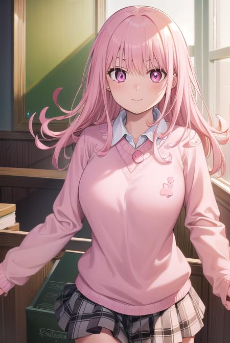 monakawai, <lora:mona kawai manga-lora-nochekaiser:1>,
mona kawai, long hair, pink hair, (pink eyes:1.5), (bright pupils:1.5), smile,
BREAK skirt, plaid, plaid skirt, sweater, long sleeves, shirt, (white shirt:1.5), collared shirt, (pink sweater:1.5),
BREAK indoors, classroom,
BREAK looking at viewer, (cowboy shot:1.5),
BREAK <lyco:GoodHands-beta2:1>, (masterpiece:1.2), best quality, high resolution, unity 8k wallpaper, (illustration:0.8), (beautiful detailed eyes:1.6), extremely detailed face, perfect lighting, extremely detailed CG, (perfect hands, perfect anatomy),