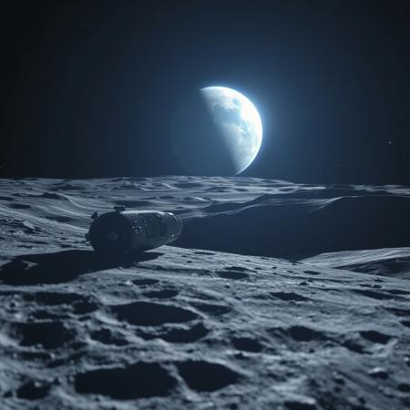 Crashed spaceship in space A slow camera tilt reveals Earth rising majestically above the stark, crater-filled lunar horizon as the view transitions from the desolate gray moonscape in the foreground to the brilliant blue marble of our home planet glowing against the star-filled black void of space. .
