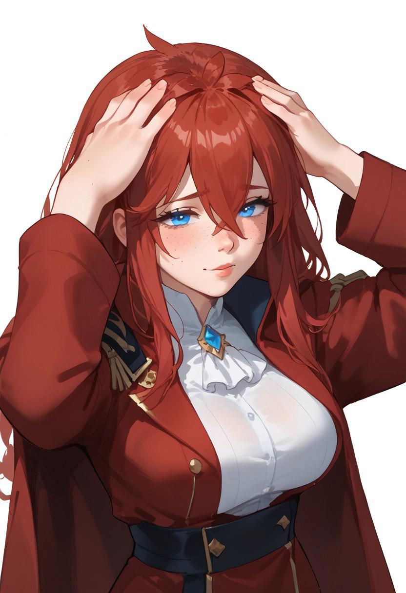 score_9, score_8_up, score_7_up, expressiveh, source_anime, 1 girl, solo, sexy girl, large breast, red coat, bleh meme, hands on own head, ulyana, long hair, red hair, blue eyes, face freckles, large breasts, body freckles, bangs, hair between eyes, straight hair, solo