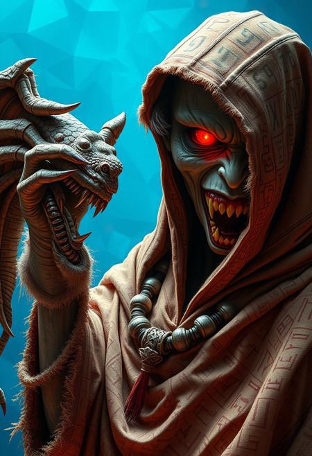 Hyper-realistic image of an intricate woman who discovers a cursed necklace at a flea market, transforming into a terrifying creature with detailed scales, sharp fangs, and glowing red eyes. She is cloaked in frayed, ancient fabric adorned with highly detailed hieroglyphs, covered in dust and cobwebs. Set against a vibrant, abstract polygonal background with a shifting blue gradient, evoking a cold, futuristic digital void. Every wrinkle, stitch, and symbol is intricately designed, blending themes of ancient curses, hyper-realism, and a surreal, futuristic atmosphere.