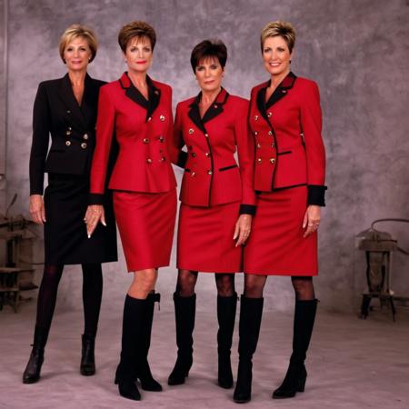 three 55-year-old businesswomen, extremely short hair, wearing red double-breasted skirt suits with large buttons and black trim, wearing black knee-high boots