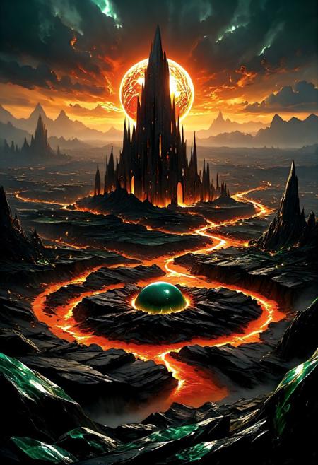 In the heart of a surreal landscape, a colossal eggshell, smooth and gray, stands cracked and broken. From its fractured shell spills a radiant cityscape, glowing with life. Modern skyscrapers rise, their windows twinkling like stars. Among them, a tall, dark tower with a sharp, pointed top pierces the sky.
Outside the eggshell, the sky churns with dark, ominous clouds, set ablaze by a fiery sunset. The sun, a brilliant orange orb, peeks through the cracks, casting a warm, golden light over the city and its surroundings.
Beyond the shell, the land is rugged and wild. Jagged, dark gray mountains loom, and a molten red river winds its way through the rocky terrain, glowing like liquid fire. The stark contrast between the cool, shadowy exterior and the warm, luminous interior creates a scene both futuristic and fantastical, blending elements of science fiction and surrealism.
ethereal fantasy concept art, magnificent, celestial, ethereal, epic, majestic, magical, fantasy art, cover art, dreamy otherworldly, mysterious, Digital painting, 
beautiful, painterly, textural, artistic, aesthetic, 
intricate details, highly detailed, ultra-detailed, absurdres, vivid, vibrant, volumetric lighting, 
aid291, midjourneyv6.1, 
Obsidian Jade, crystal, green gem stone
