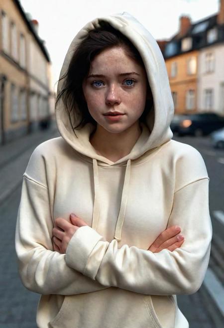 27-year old girl, dark hair, light blue eyes, ((cream hoodie)), medium breasts, arms crossed, freckles, standing on the street, warm light, hyperrealistic, realistic photo, 8k quality, best quality, <lora:SashaXL:1,3>, <lora:perfect_hands_2:1,5>