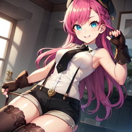 (masterpiece:1.2),best quality,high resolution,unity 8k wallpaper,(illustration:0.8),(beautiful detailed eyes:1.6),extremely detailed face,extremely detailed CG,intricate details,high detailed,ultra-detailed,1girl,solo,thighhighs,gloves,suspenders,shorts,long hair,necktie,smile,hat,pink hair,fingerless gloves,blue eyes,black thighhighs,sleeveless,shirt,suspender shorts,<lora:TNT-Novice femaleV1.3:0.6>,