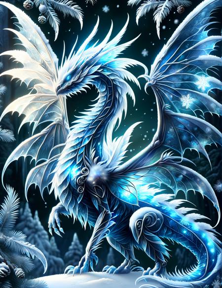 <lora:SDXLFrosted:1> FrostedStyle photo of an undead ice dragon, bright blue eyes, eerie blue glow, transparent glass wings, close up, extremely detailed, snowy forest background