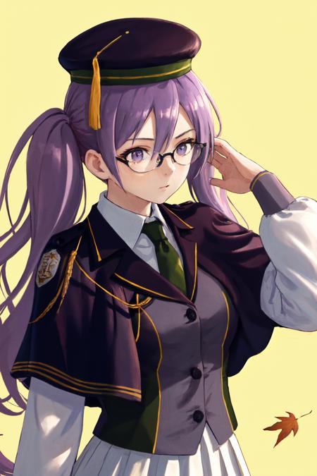 masterpiece, (detailed, highres, best quality), 1girl, <lora:spfgoSokaris:1> sokarisdef, glasses, hat, white shirt, green necktie, jacket, capelet, long sleeves, white skirt, autumn, autumn leaves, simple background, upper body, yellow background, From above