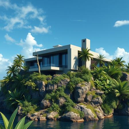 futuristic modern brutalist style house on the james bond island, exotic luxuriant vegetation around, tropical jungle, james bond island rock, photorealist, masterpiece, 4k, high details