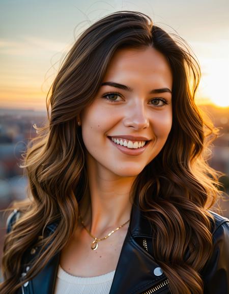A professional portrait shoot from a portrait camera angle about a young woman with long hairsmiling at the camera during sunset. the image also shows a blurred background of a cityscape with buildings and a sunset sky. on the middle of the image, a 20-year-old woman with light skin appears to be smiling, wearing a black leather jacket over a beige ribbed sweater. she has long, wavy brown hair and is looking directly at the viewer with her realistic eyes. she is wearing gold hoop earrings and a small, delicate necklace. her hair is styled in loose waves and her facial expression is a friendly smile.