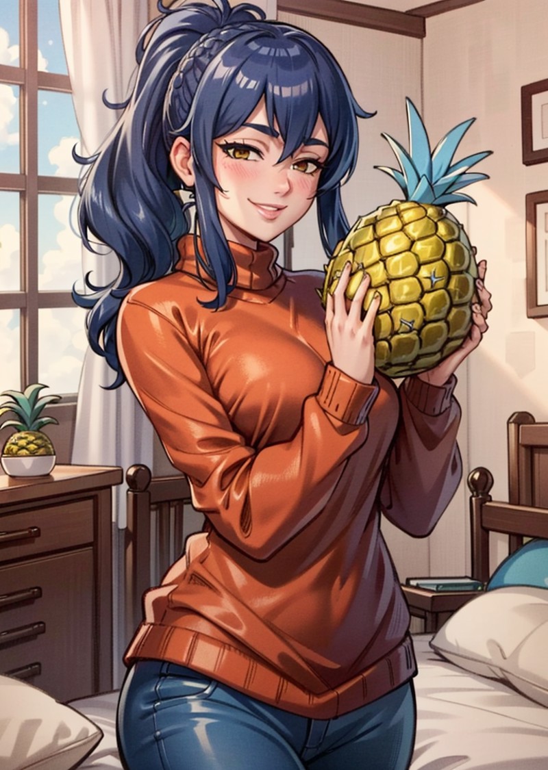 masterpiece, best quality, oboro, red pullover sweater, blue pants, holding a huge yellow pineapple with both hands, cowbo...