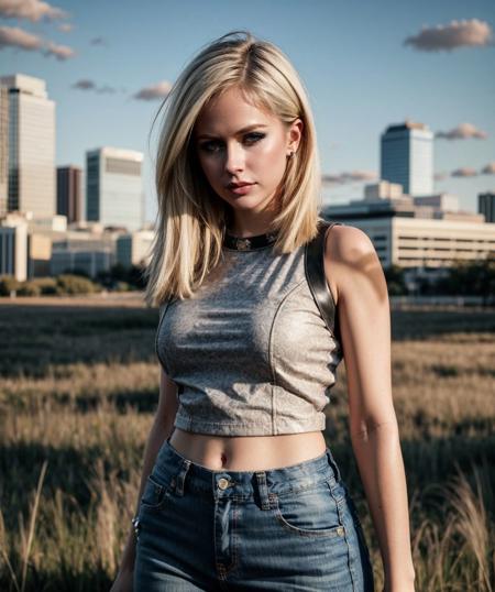 beautiful detailed face, highly detailed skin, detailed hazel eyes, blonde blunt cut hair, avrlvgne, 1girl, black leather jacket, pink tanktop, denim pants, (curvy), standing, clouds, in the grass field, skyscrapers, shadow play, natural lighting, ((dark scene)), ((very dim)), (candid), perfect composition, pixel perfect, 8k, UHD <lora:more_details:0.7> <lora:Avril_Lavigne_v2:0.9:lbw=1,0,0,0,0,0,0,0.2,0.4,1,1,0.4,0.2,0,0,0,0>