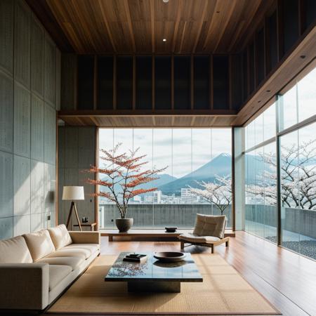Japanese-style architecture,Living room, in the style of Tadao Ando, with a cinematic shot texture,high quality, high highres,