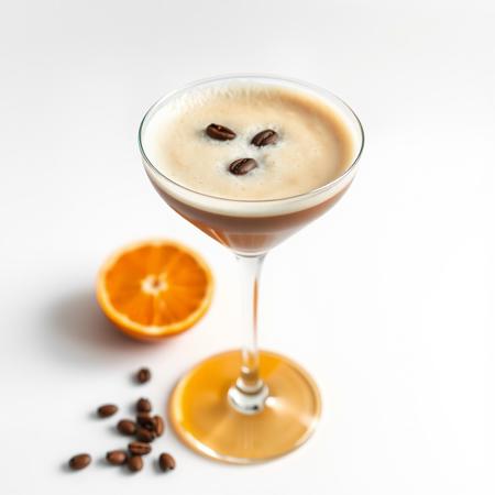 simple product Photography image on a plain, blank, pure 100% bright white background of a foamy espresso martini in a large coupe glass and 3 floating coffee beans as garnish. and cut orange beside it. zoomed out.