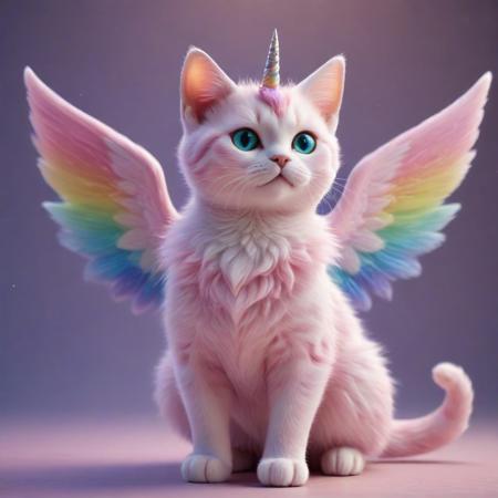 RainbowUnicornStyle, full body, pink cat made of rainbow, wearing a cute pink dress, wings on back, beautiful fantasy background, Masterpiece level quality, soft lighting, sharp focus, fine details, high quality, precise, high resolution, 4k, 8k,