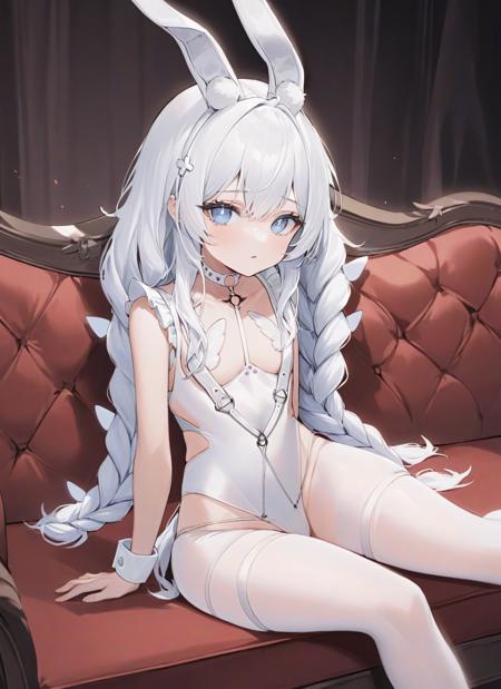 le malin \(listless lapin\),+_+,blue eyes,twin braids,white hair, fake animal ears,o-ring choker,white pantyhose,rabbit tail,white leotard,wrist cuffs,thigh strap,