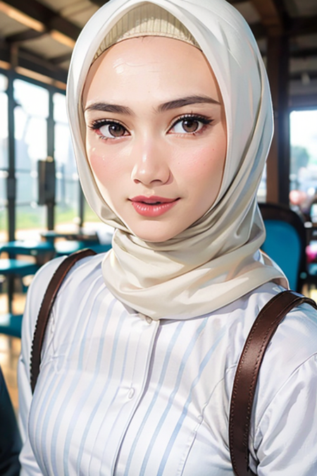 best quality, ultra high res, (photorealistic:1.4), 1girl, solo, hijab, closed mouth, white shirt, upper body, black eyes, lips, realistic (high detailed skin:1.2), 8k uhd, dslr, soft lighting, high quality, ((film grain)), Fujifilm XT3