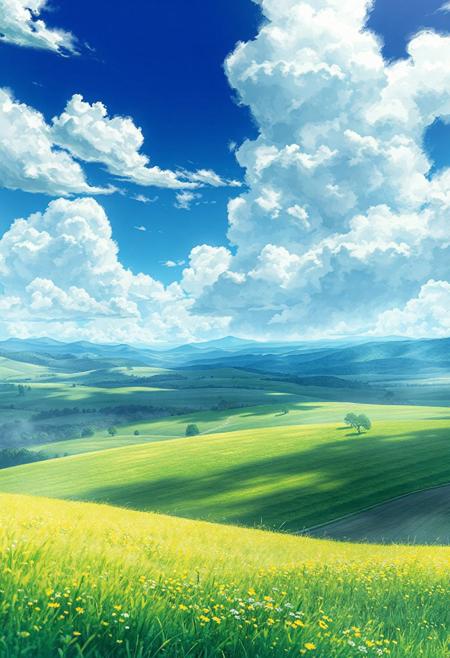 ultra-detailed anime landscape, expansive green fields under a cloudy blue sky, gentle sunlight, soft watercolor gradients, distant mountains, scattered trees, light haze in the air, peaceful countryside atmosphere, cinematic composition, depth of field, hyper-realistic cel shading, inspired by Makoto Shinkai and Studio Ghibli, 4K vertical, highly detailed, vivid colors, dreamy lighting