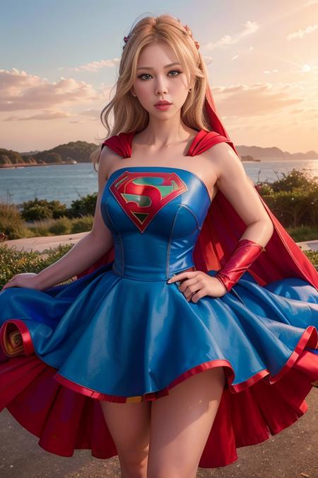 <lora:betterCuteAsian03:0.3>, (blue and red supergirl wedding dress,wearing wedding princess dress, wearing supergirl_cosplay_outfit:1.3), sunset, 
good hand,4k, high-res, masterpiece, best quality, head:1.3,((Hasselblad photography)), finely detailed skin, sharp focus, (cinematic lighting), night, soft lighting, dynamic angle, [:(detailed face:1.2):0.2], medium breasts, outside, <lyco:supergirl_wedding-10:0.4>