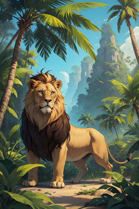 masterpiece, best quality, gangster theme, lion, lush jungle with towering palm trees, nature,