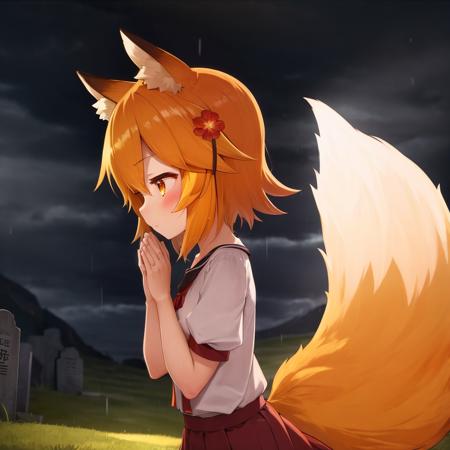 masterpiece, best quality, detailed background, cinematic lighting, senko-san, sen, animal ears, fox ears, fox girl, fox tail, hair flower, hair ornament, orange eyes, orange hair, short hair, tail, flat chest, 1girl, solo, graveyard, praying, closed eyes, rain, outdoors, cloudy sky, leaf, ruins, sunbeam, post-apocalypse, side view