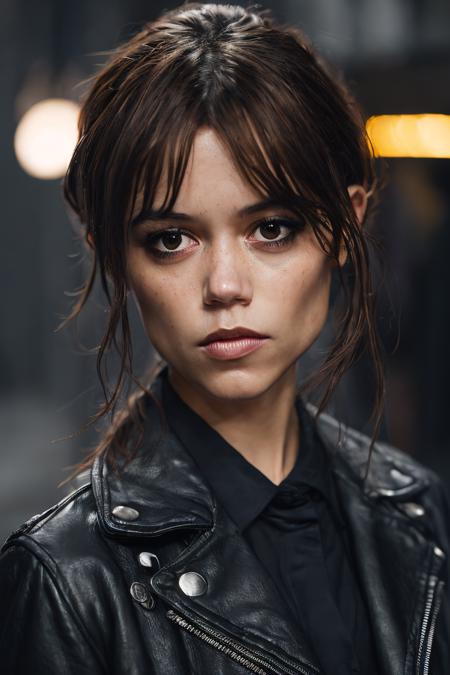 portrait photo of jenort <lora:JennaOrtegaDogu2.1:0.85> as a beautiful female model, georgia fowler, beautiful face, with short dark brown hair, in cyberpunk city at night. She is wearing a leather jacket, black jeans, dramatic lighting, (police badge:1.2)