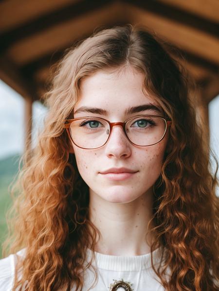 a portrait photo of jane_noexist wearing glasses, (freckles:0.9), dreamy cloud castle