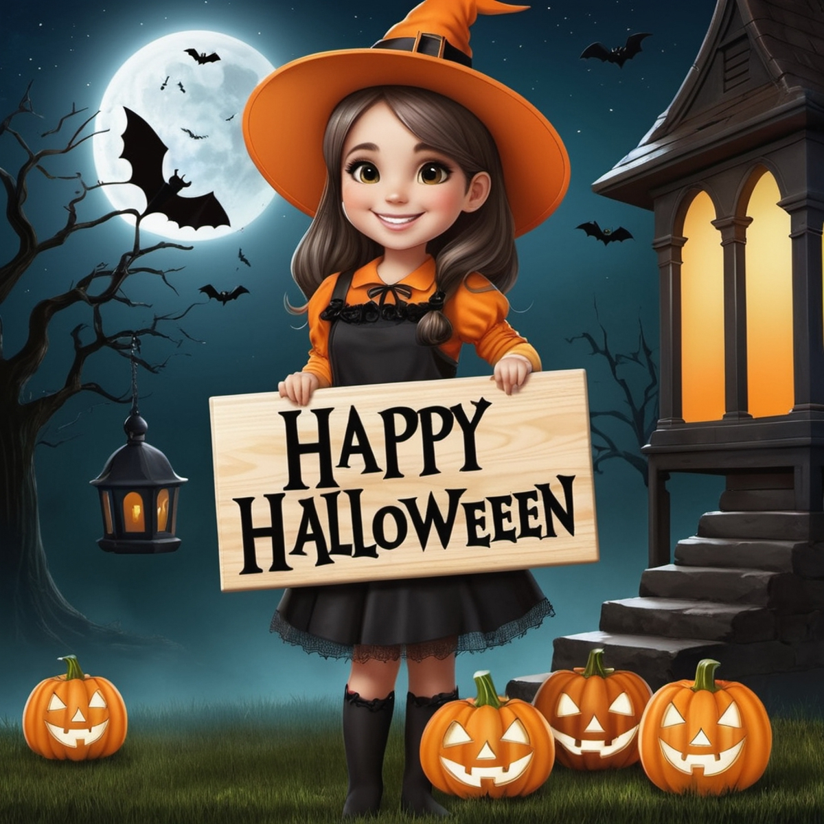 A little girl wearing a witch costume holding a sign that says Happy Halloween.