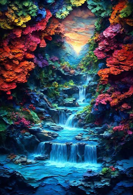 thick layered papercut art of 
In a serene summer sanctuary, a waterfall cascades into a pool, its azure waters mirroring the sky’s brilliance and the verdant embrace of nature. Sunlight pirouettes across the surface, crafting a tranquil symphony of light and sound.
This idyllic scene transitions into an abstract canvas, where vibrant hues burst forth in an experimental frenzy, echoing the turmoil of a genius yet troubled artist. Swirling patterns and stained textures offer a wide view into the soul of African American art, capturing the essence of fall in each mesmerizing stroke.
deep 3D, volumetric, dimensional, depth, thick paper, high stack, heavy texture, tangible layers, 
beautiful, detailed, textural, artistic, vivid, vibrant,  aesthetic, intricate details, highly detailed, ultra-detailed, absurdres, 
Papercut