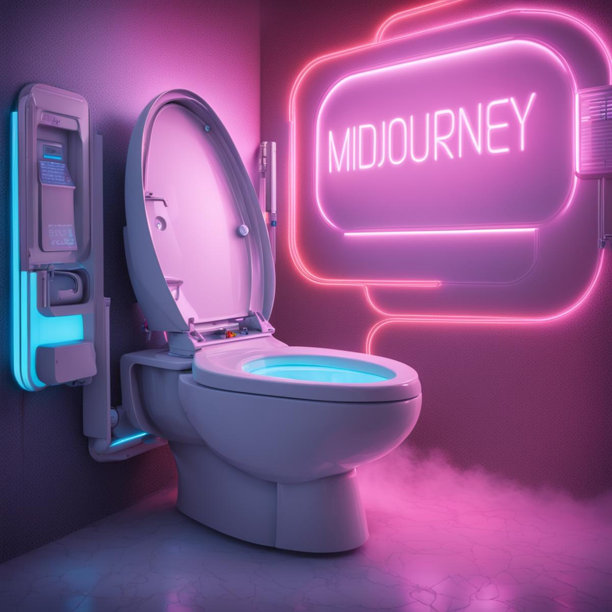 A white toilet with neon lighting in a bathroom.