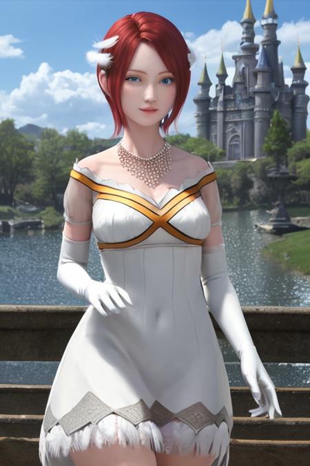 masterpiece, best quality,  <lora:Elise:0.6>, princesselise, red hair, short hair, blue eyes, white dress, white gloves, earring, feather ornament, necklace, castle