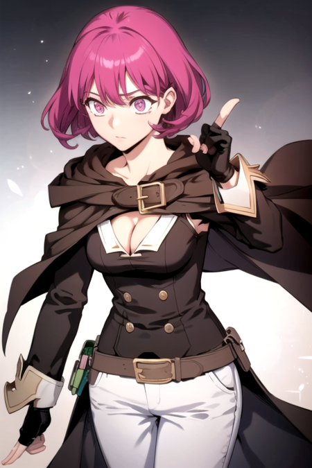 SunnyRanker, 1girl, solo, short hair, black gloves, cleavage, medium breasts, pink hair, black gloves, belt, white pants, fingerless gloves, pink eyes, brown cloak, 