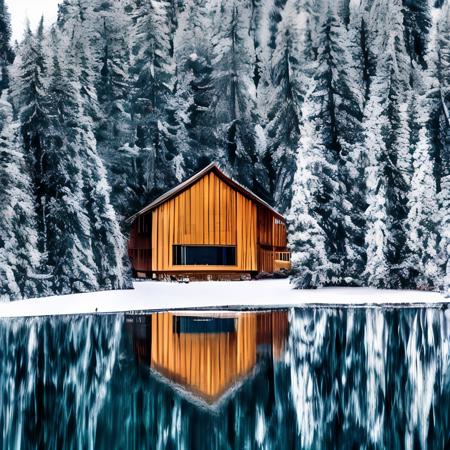 1 beautiful house on the mountain surrounded by forests, snow, and rivers at the foot of the mountain <lora:forest_snow:1>